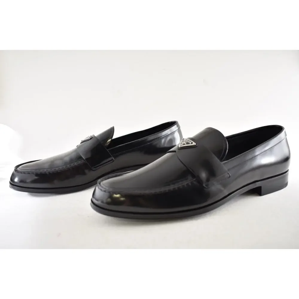 Prada Black Brushed Leather Triangle Logo Classic Loafer SlipOn Flat UK 12 US 13 - Picture 16 of 16